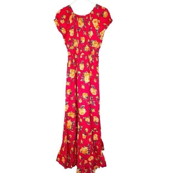 Betsey Johnson V Neck Tiered Smock-Waist Lined Roses Pink Maxi Dress Size Medium - Picture 1 of 6